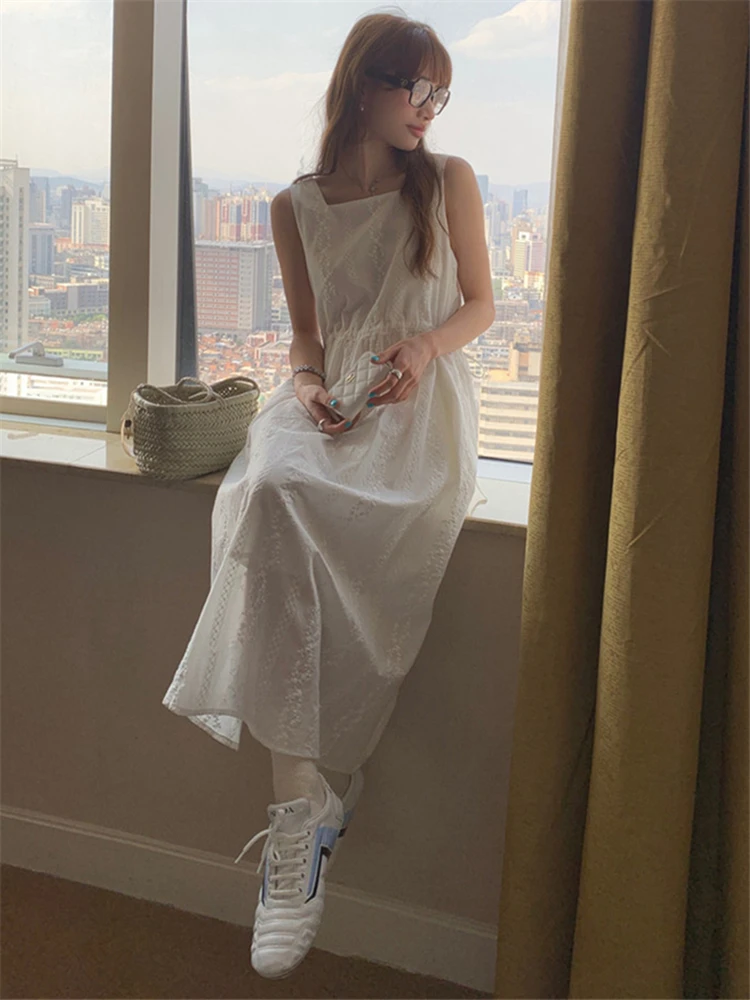 DR10397 New 2024 Floral Sleeveless High Waist Vintage Lace Up Korean Fashion Elegant Wild Lady Women Spring Summer Long Dress