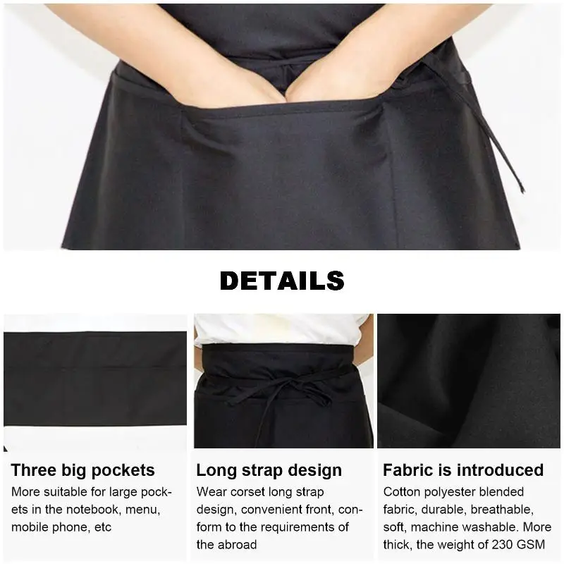 Modern Waist Aprons,, Large Pocket for Barista, Server, Bartender - Black Half Bib Work Apron for Cafe & Restaurant〔CC88〕