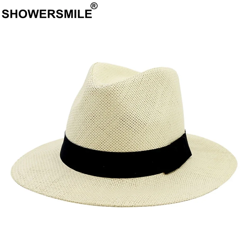 

SHOWERSMILE Summer Straw Hat Men Khaki Beach Hats Sun Protection Cap Wide Brim Solid Panama Hat Casual Jazz Hat Navy Black