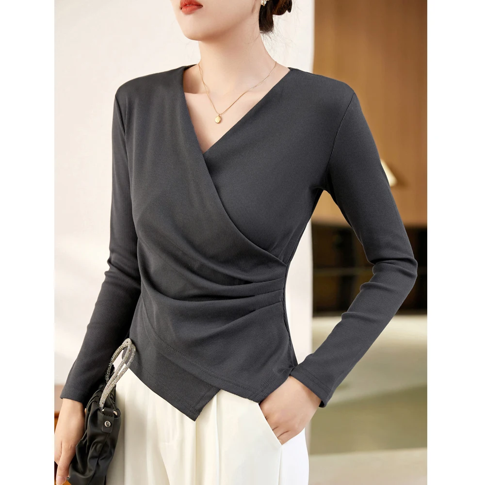 Europese stijl wijnrood T-shirt met lange mouwen voor dames herfst nieuwe katoenen mode plus size geplooide onregelmatige V-hals casual top