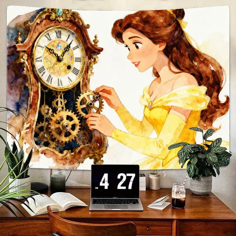 

1PC Disney Princess Belle Tapestry, Watercolor Vintage Clock & Gears Wall Art Decor for Bedroom Living Room, Gift for Princess F