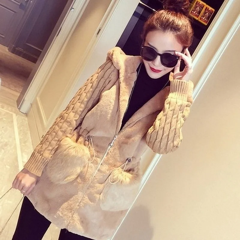 Fashion Faux Fur Coats Women Winter Hooded Zipper Chic Outwear Female Patchwork Thick Warm Fur Luxury Knitted Jacket Lady XQ43