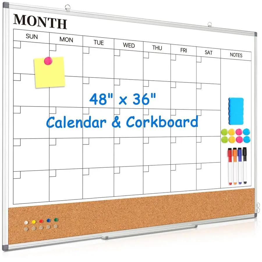 

Monthly Dry Erase Calendar Whiteboard for Wall, 48 x 36 DoubleSided Big Calendar White Board Cork Board Combo, Aluminum Framed M