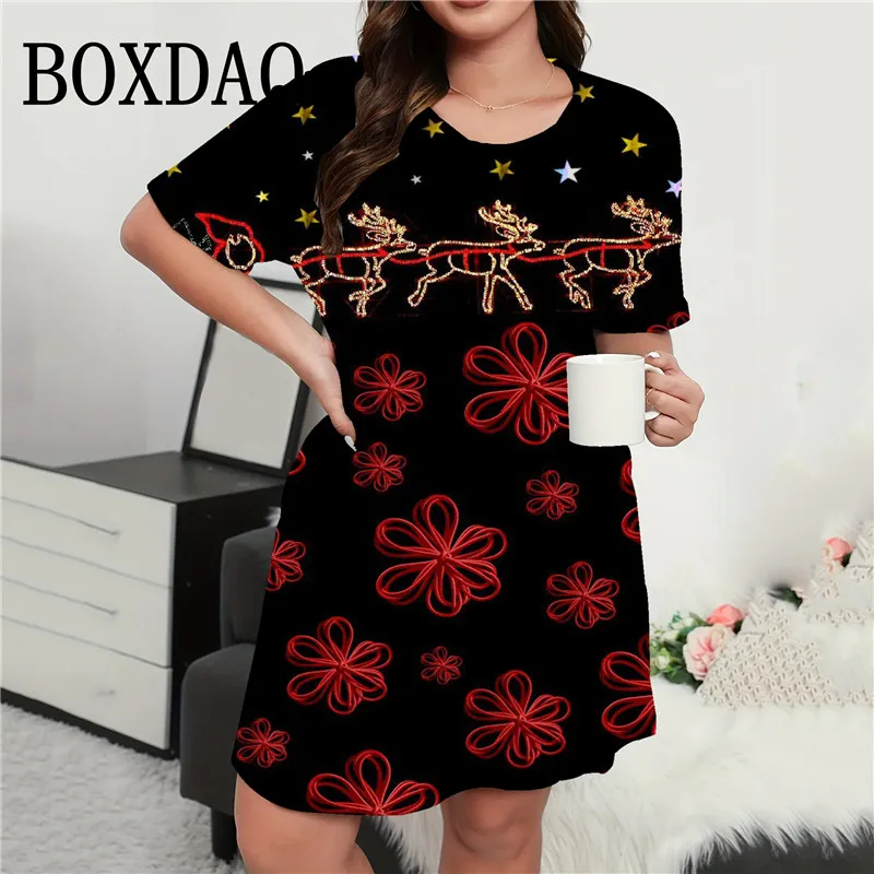 Christmas Print Women Party Dress Gradient Women Evening Dress Summer Fashion Loose Plus Size Mini Skirt Festival Famale Clothes