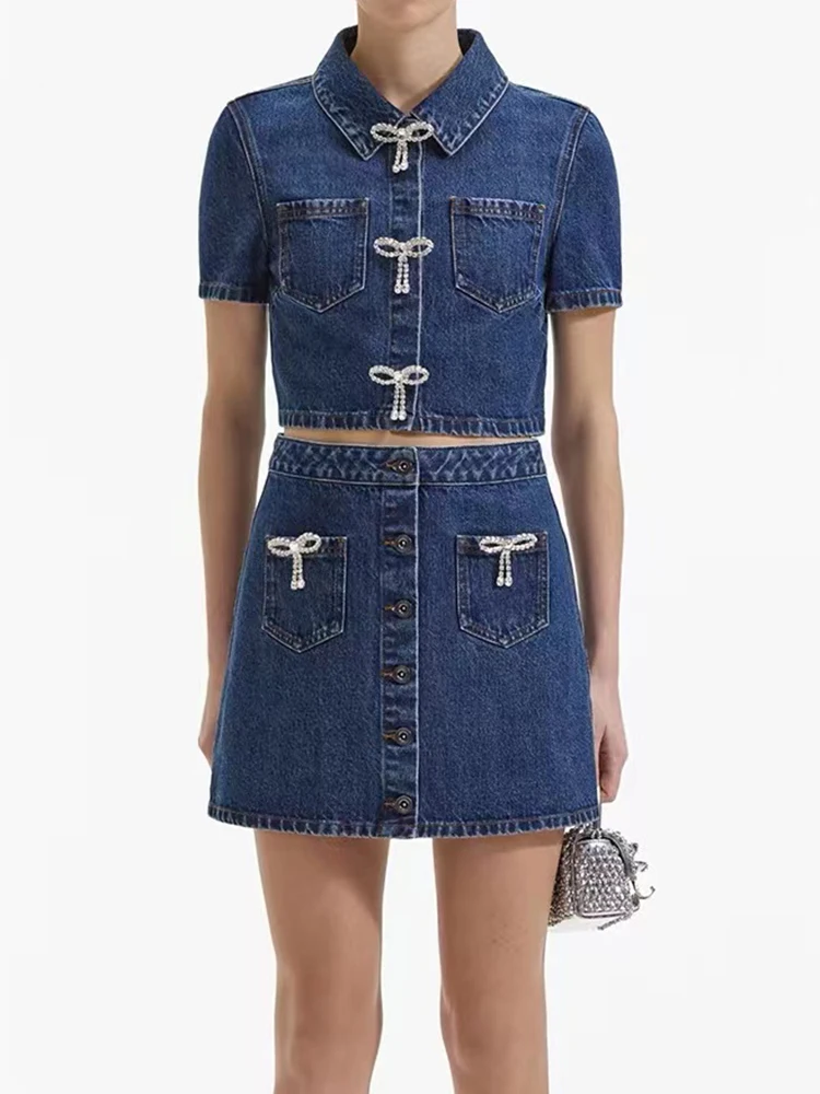 Spring Summer New Fashion Rhinestone Bow Blue Denim Set Women Turn-Down Collar Short Sleeve Shirt or A-Line Mini Skirt Suit 2024