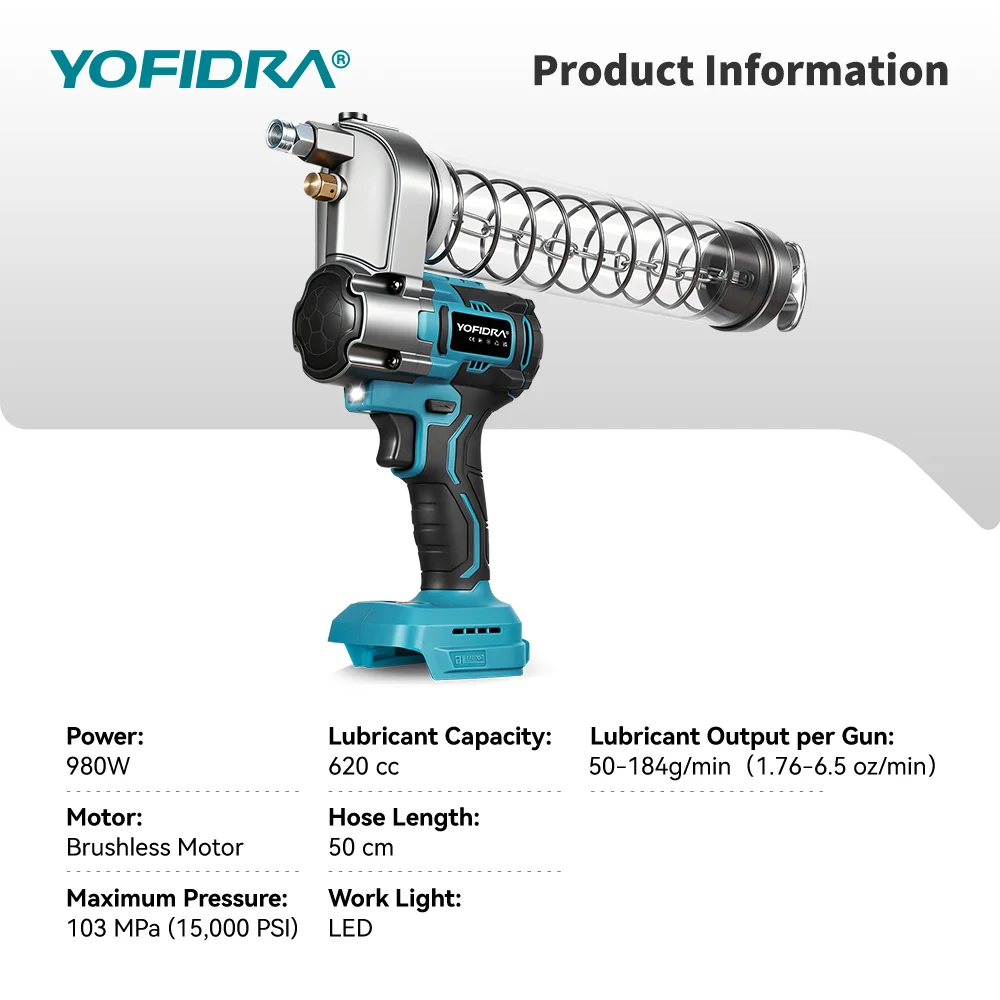 YOFIDRA 980W 15000PSI Elektryczny pistolet do smaru wysokociśnieniowy, wtryskiwacz oleju do łożysk, narzędzie zasilane akumulatorem Makita 18V