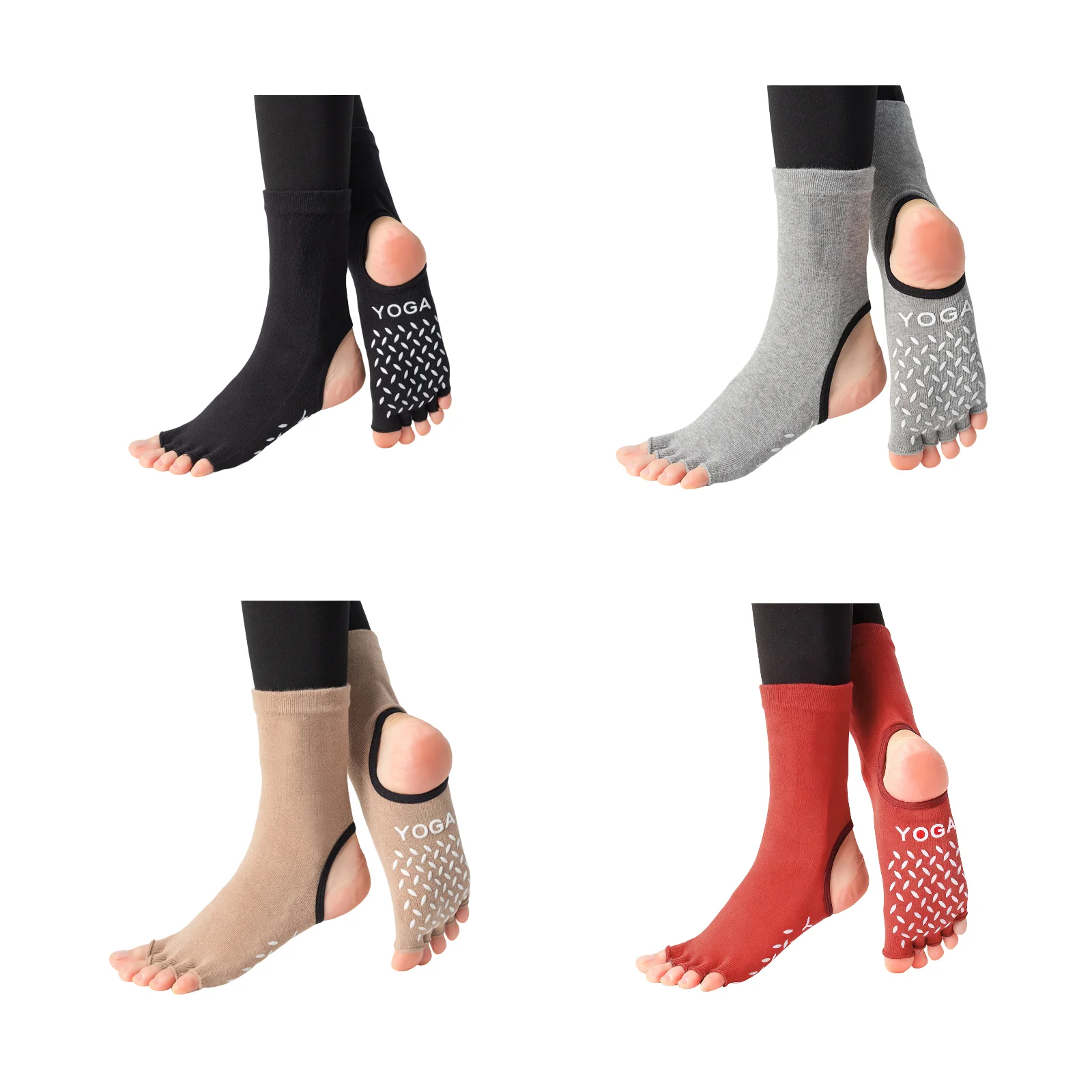 

Women's mid-calf five-finger yoga socks split-toe non-slip socks 4-color combination (black/grey/beige/red)