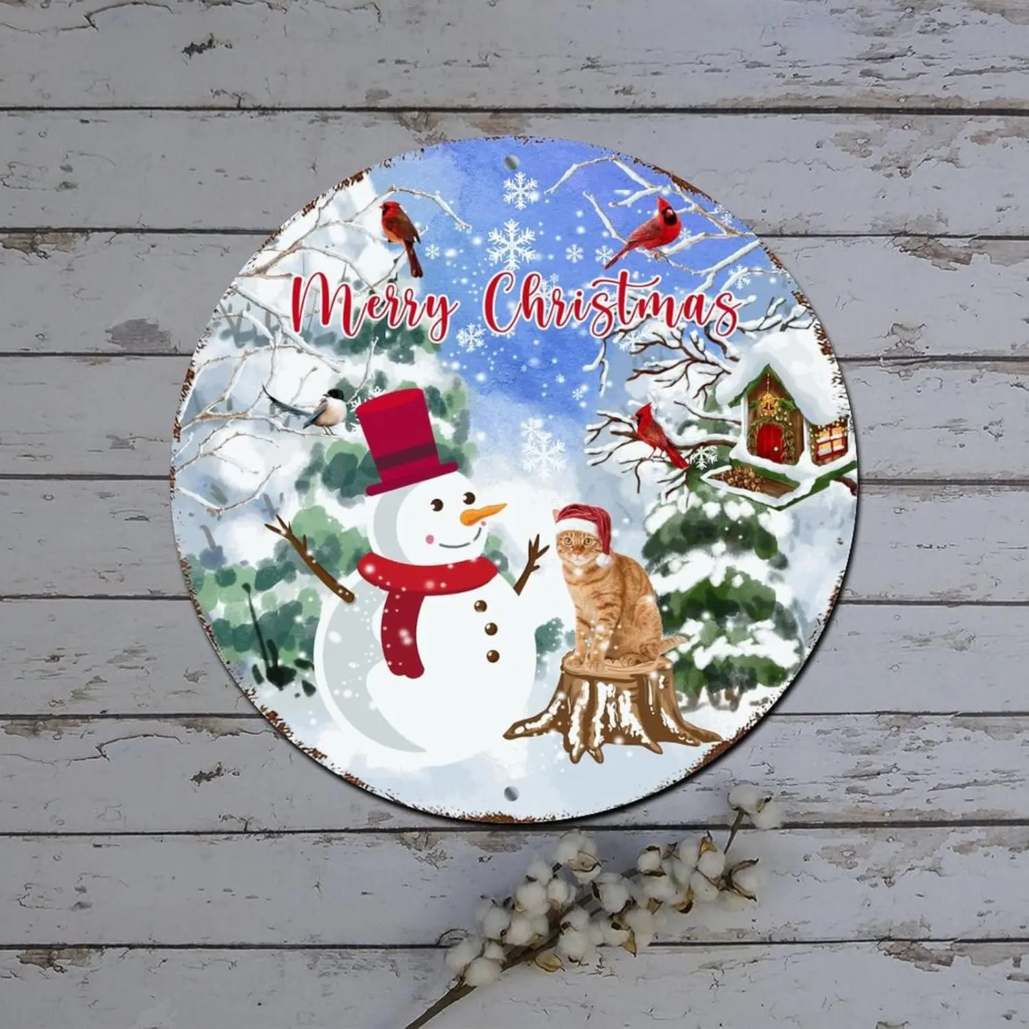 Christmas Round Tin Sign Winter Scene Snowman Cat with Santa Hat Round Metal Tin Sign Christmas Joy Decor Retro Plaque Metal Sig