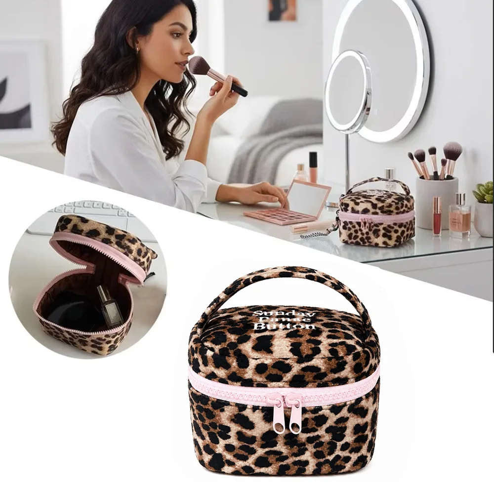 Multi-functional Leopard Print Square Storage Box Handheld Zipper Design Small Cosmetic Pouch Storage Case Home Travel