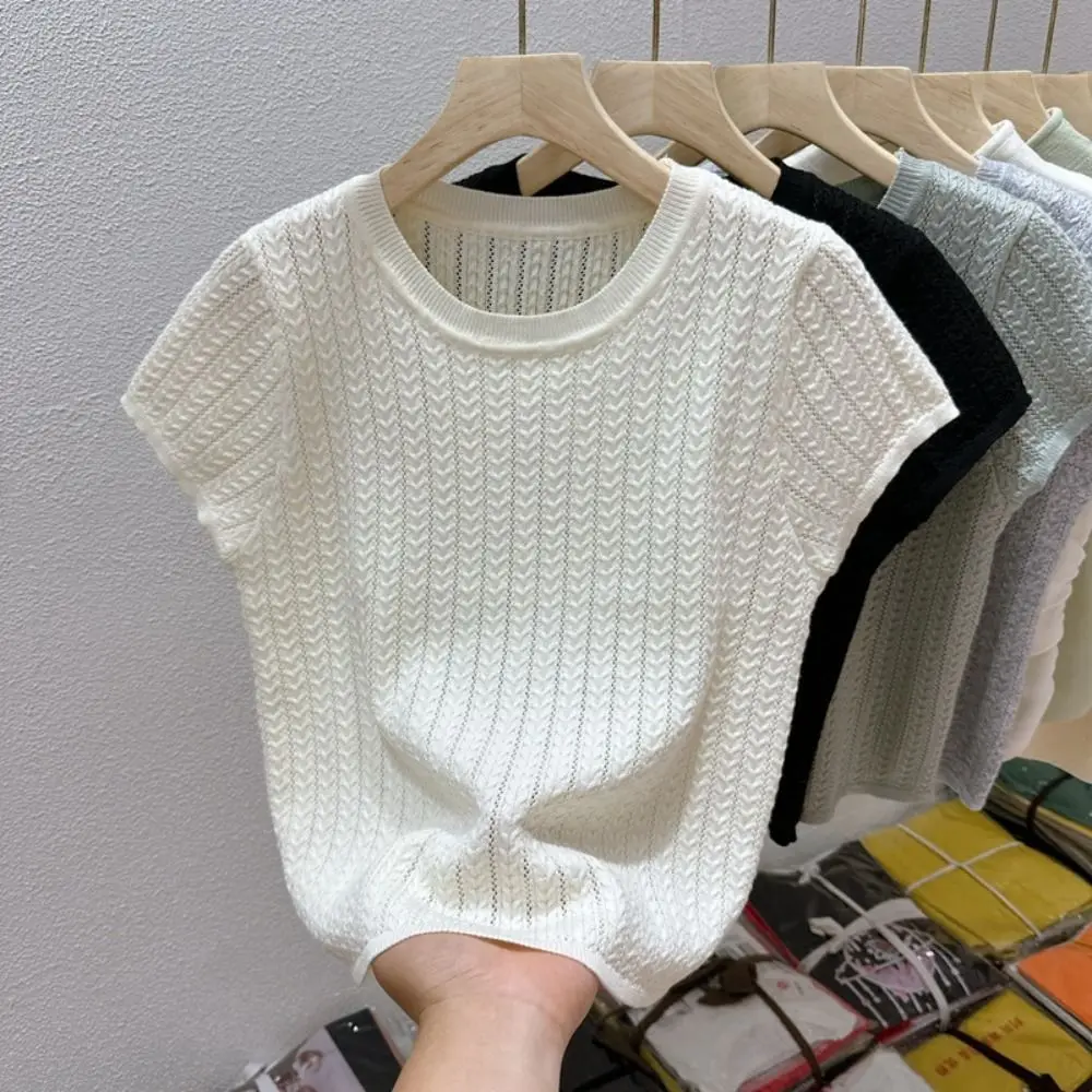 Fashion Twisted Stitch Knitted T Shirt Ice Silk Hollow Short Sleeves Shirt Slim Fit Crop Top