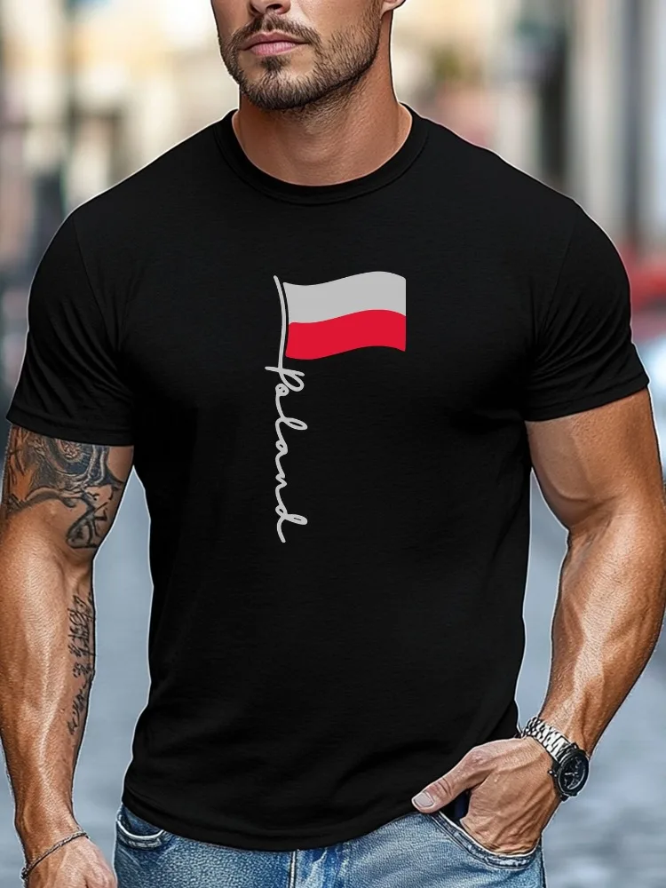 Men Black Crew Neck Tee Handwritten Poland Script Waving Polish National Flag Graphic Soft Short Sleeve Patriot Loose Male Tops