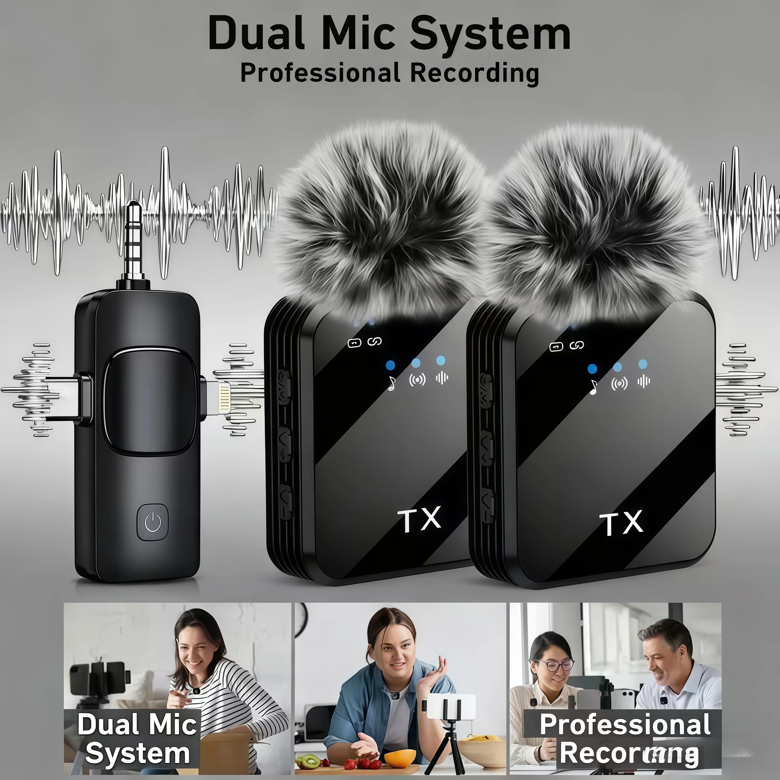 Three-in-one design wireless lapel microphone charging portable video recording microphone with clamp-on noise reduction
