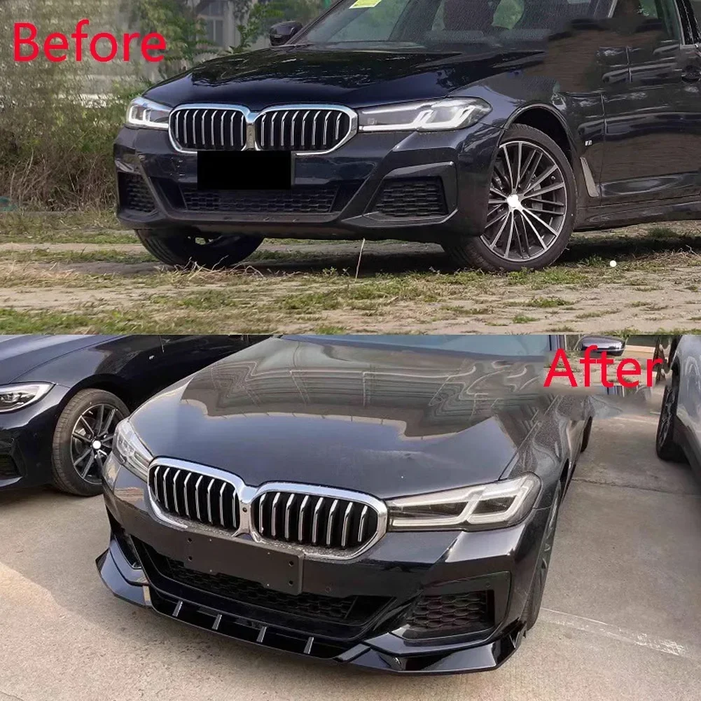 Car 3 Stage Front Lip Spoiler Splitter  For BMW 5 Series G30 M Sport 525i 530i 2021+ Glossy Black Carbon Fiber Printe