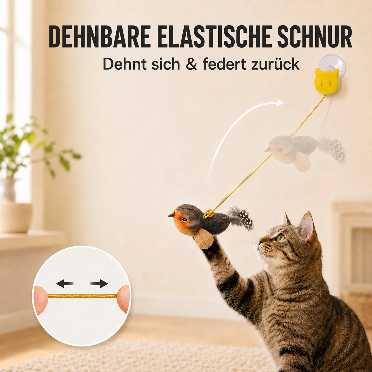 Interaktives hängendes Katzenspielzeug Vogel-Teaser mit elastischem Seil, Sound und Katzenminze, wandmontiertes Indoor-Spielzeug für Katzen und Kätzchen zum Jagen und Spielen – Detail 5