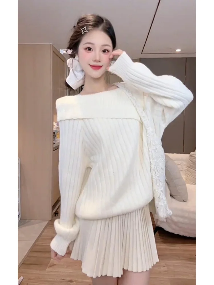 

Свободный вязаный одноплечий корейский свитер Lazy Faion, высококачественный осенне-зимний однотонный женский свитер