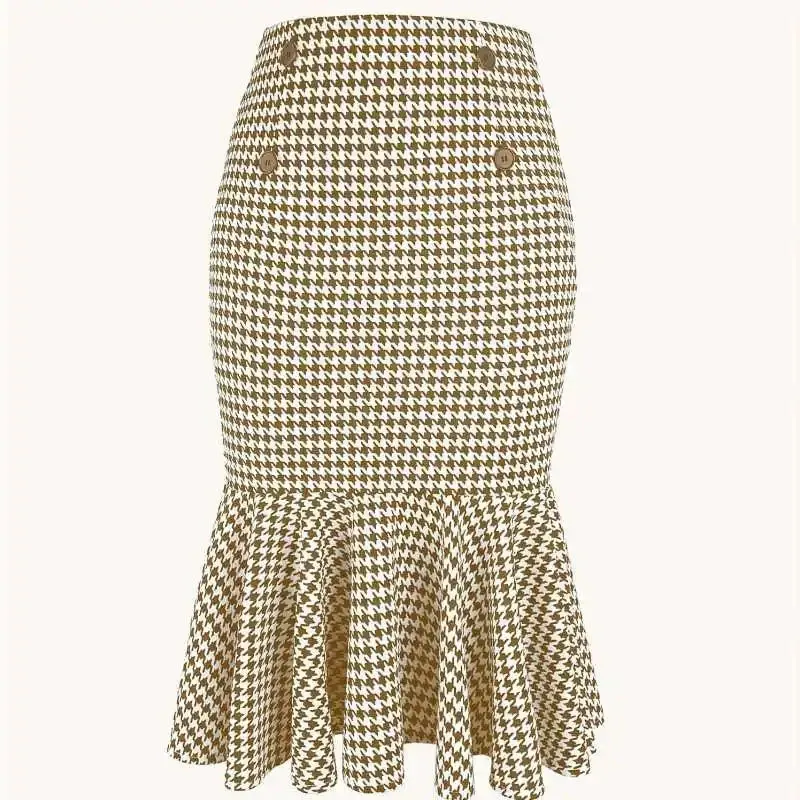 Elegant Commuter Thousand Bird Grid Elastic Bag Hip Skirt Button Fish Tail Swinging Half Body Skirt