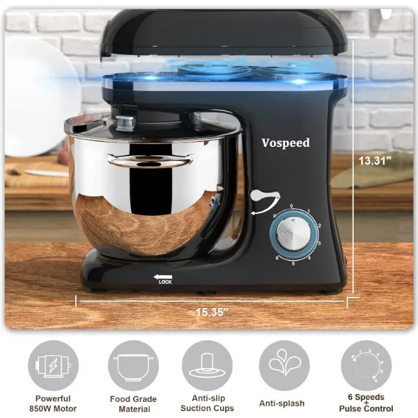 Vospeed-Mezclador de pie 9 en 1, mezclador eléctrico multifuncional con cabezal inclinable de 850W, con tazón de acero inoxidable 7,5 QT, jarra de vidrio de 1.5L