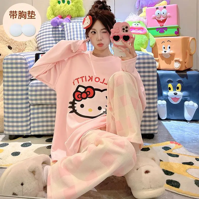 

Sanrio Cute Cartoon Checkered Hello Kitty Pajamas Women's Spring and Autumn Round Neck Long Sleeve Home Clothes Set
