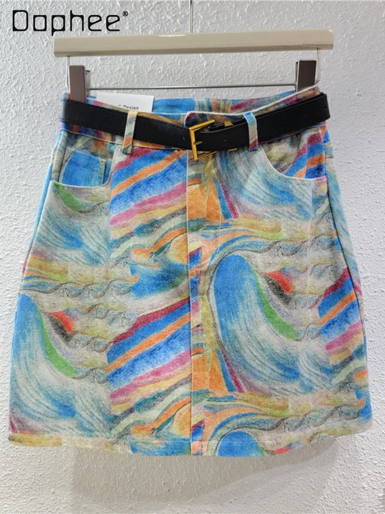 

High Waist Denim Skirt Women Fashion Printed Hot Girl Hip Skirts 2024 Summer Korean Fashion Clothing A- Line Skirt Female