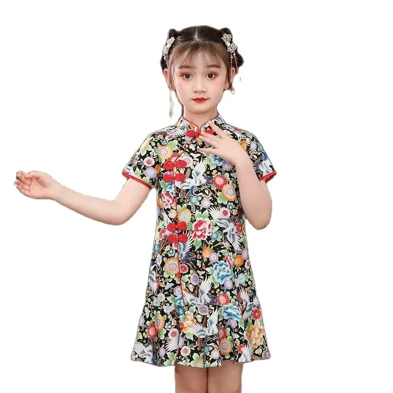 

Girl Dress Red-crowned crane Slim Traditional Dress Cheongsam Girls Clothes Chinese Style Qipao baby chinese dress