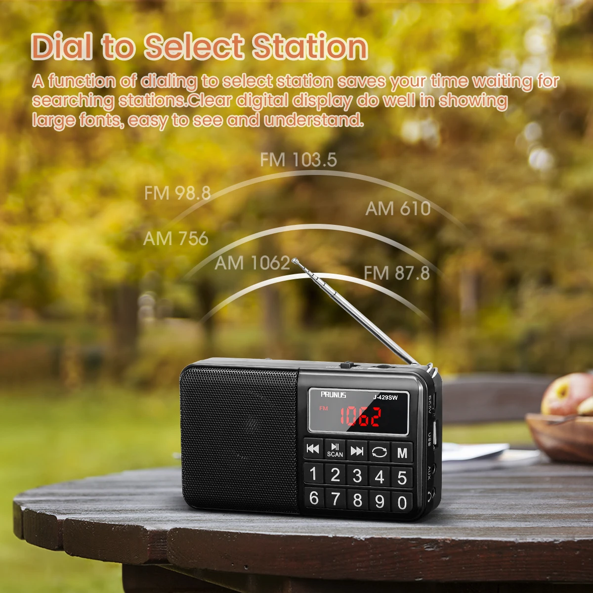 PRUNUS  J-429 Digital Portable Radio AM SW Super Bass Stereo FM Radio Speaker with TF USB AUX Lock Button Rechargeable Battery