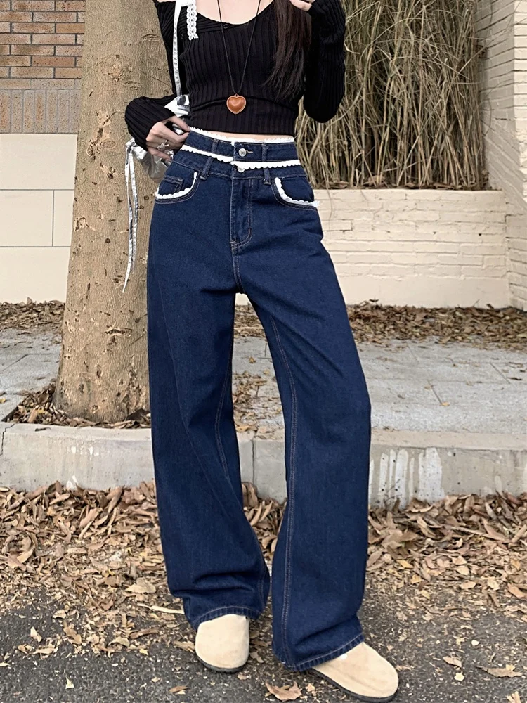 2024 Hosen Y2K Mode Dunkelblau Baggy Neue Jeans Hosen Für Frauen Designer Kleidung Breite Bein Casual Dame Hosen Ropa De mujer