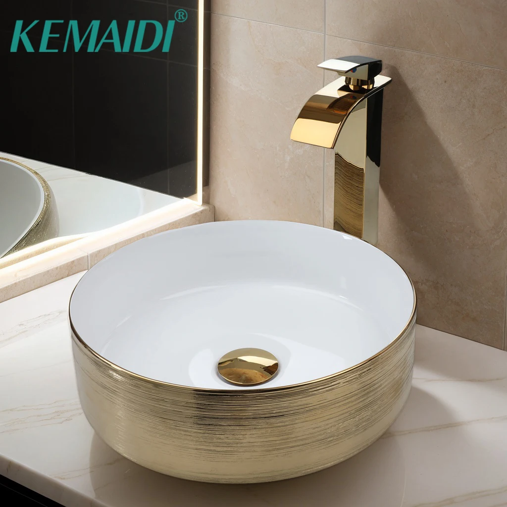 

KEMAIDI 15-дюймовая раковина для ванной комнаты, круглая раковина со смесителем, золотая керамическая чаша для мытья, монтируемая на палубе, золотой набор кранов для раковины