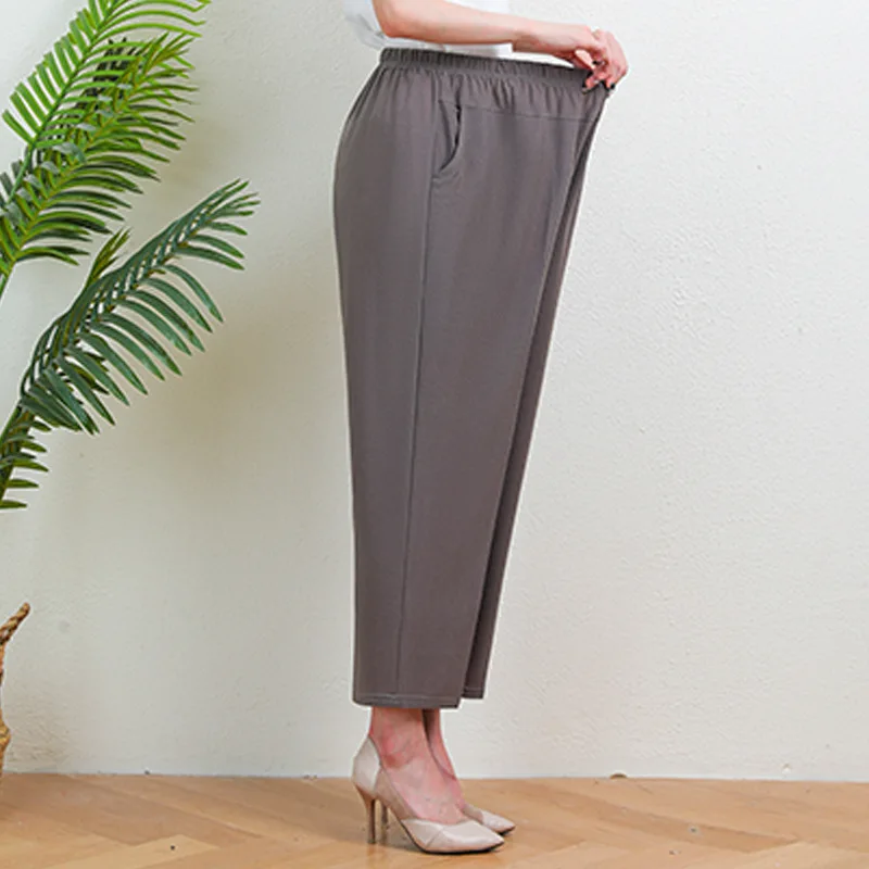 8XL Summer Thin Ice Silk Elastic Pants Solid Color High Waist Loose Casual Pants Middle aged Female Elastic Straight Leg Pants