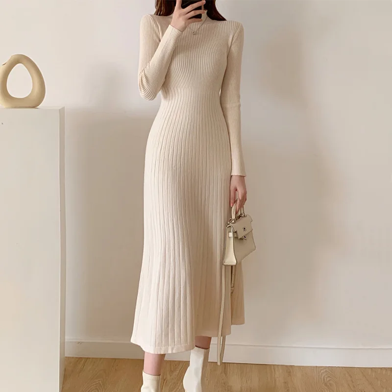 

Autumn and Winter Jumper Dress Sub Multicoloured Medium-length Knee-length Half-high Neck Inner Bottoming A-line Knitted Dress W