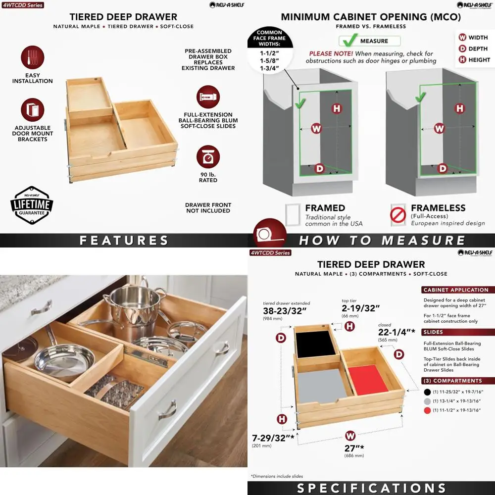 

27 Inch 2-Tier Kitchen Utensil & Cutlery Organizer with Soft Close Slides, Wood