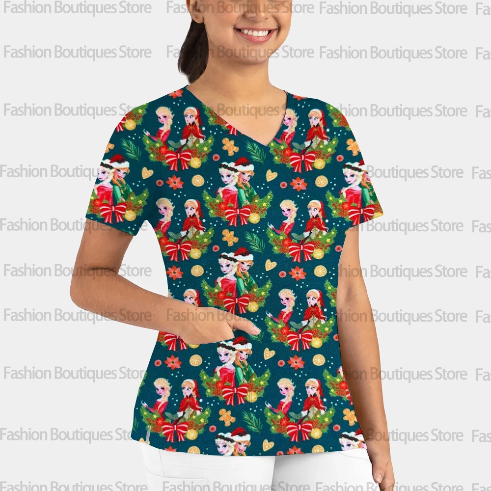 ثوب جراحي جديد بجيب على شكل حرف V للنساء، زي بأكمام قصيرة، زي طبي غير رسمي، عصري، طباعة أميرة عيد الميلاد.