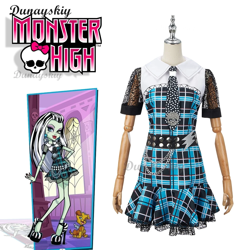 Monster High Frankie Stein Cosplay Costume Wig Womens Halloween Carnival Roleplay Blue Lace Dress Shoes