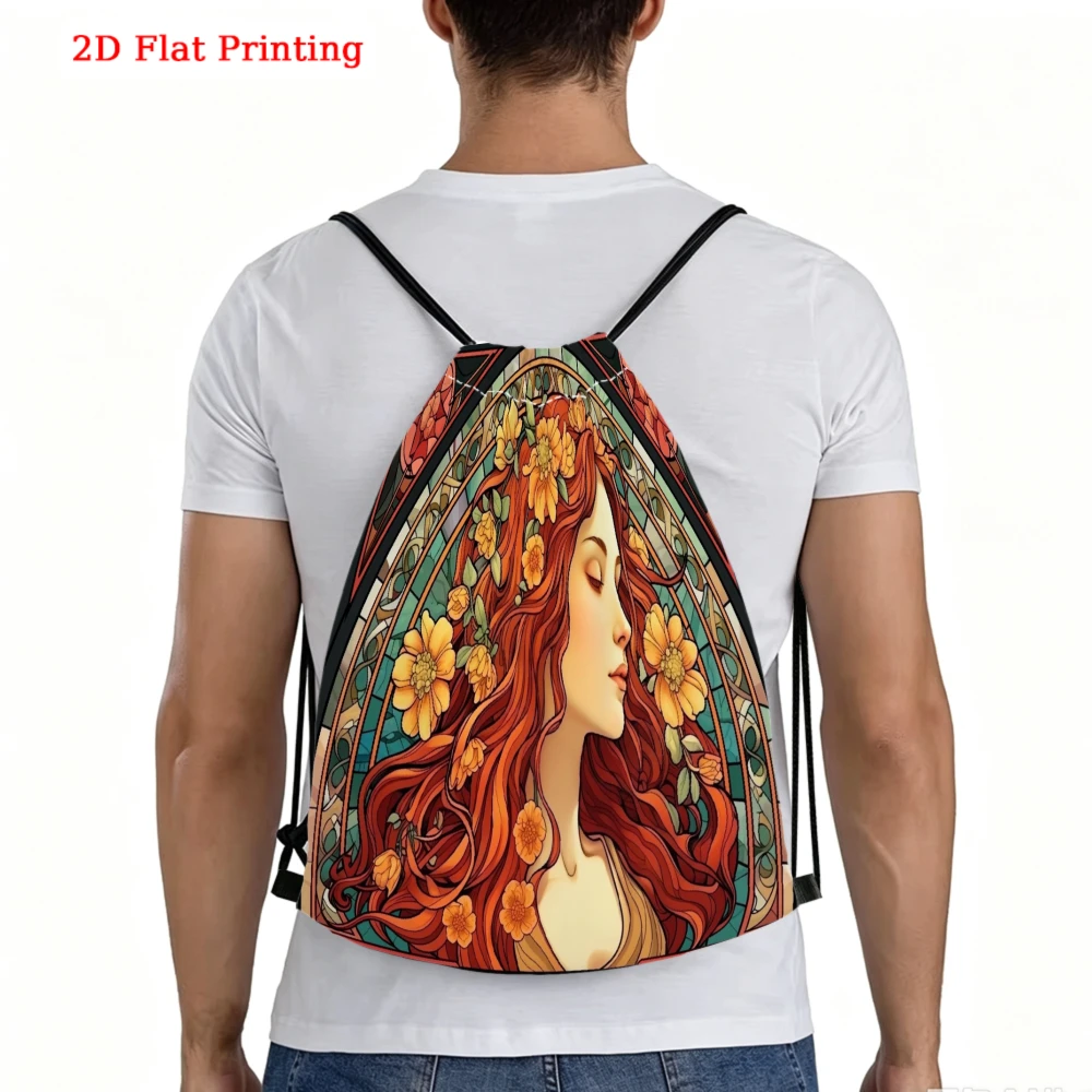 Art Nouveau Style, Drawstring Backpack, 2D Flat Printing Floral Woman Pattern, Gym Sports Bag, Outdoor Travel Cinch Sack