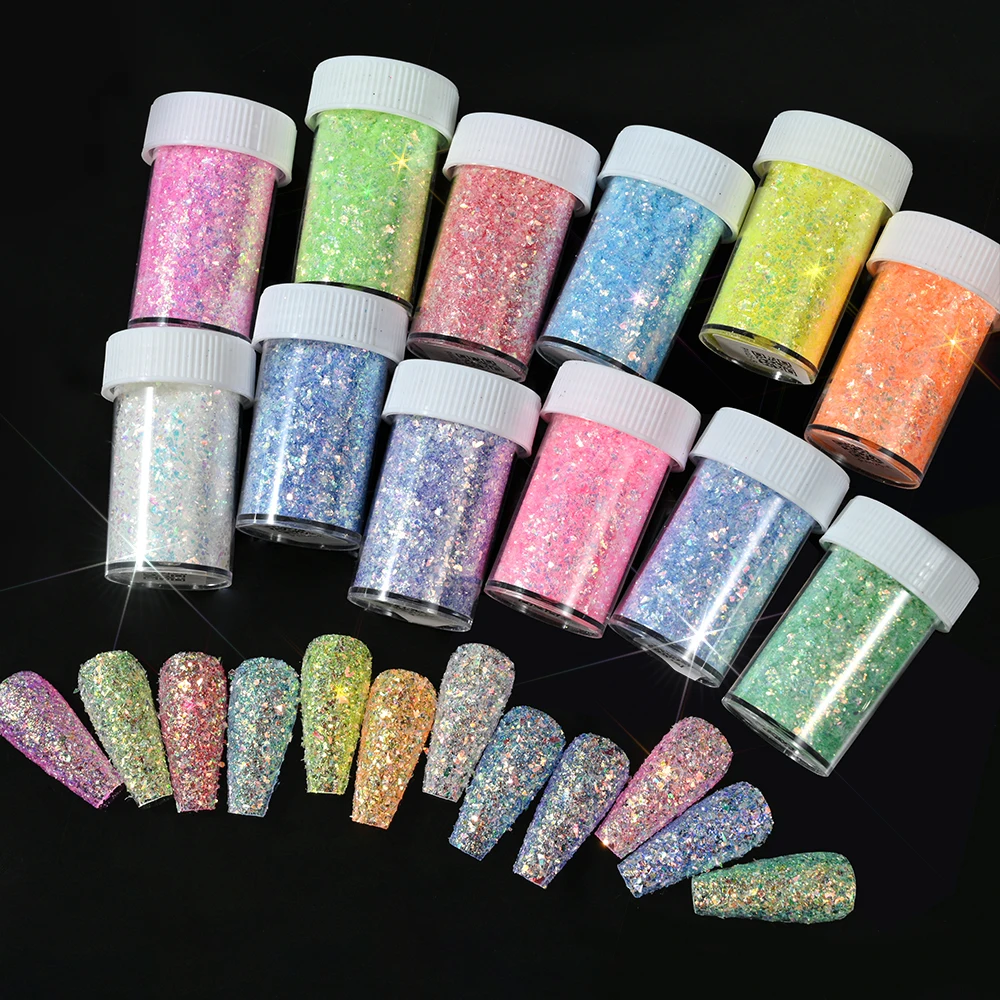 12Colors Aurora Flakes Nail Sequins Powder Mermaid Glitter Ultrathin Nail Sequins Paillette Gel Polish Pigment Nail Art Powder