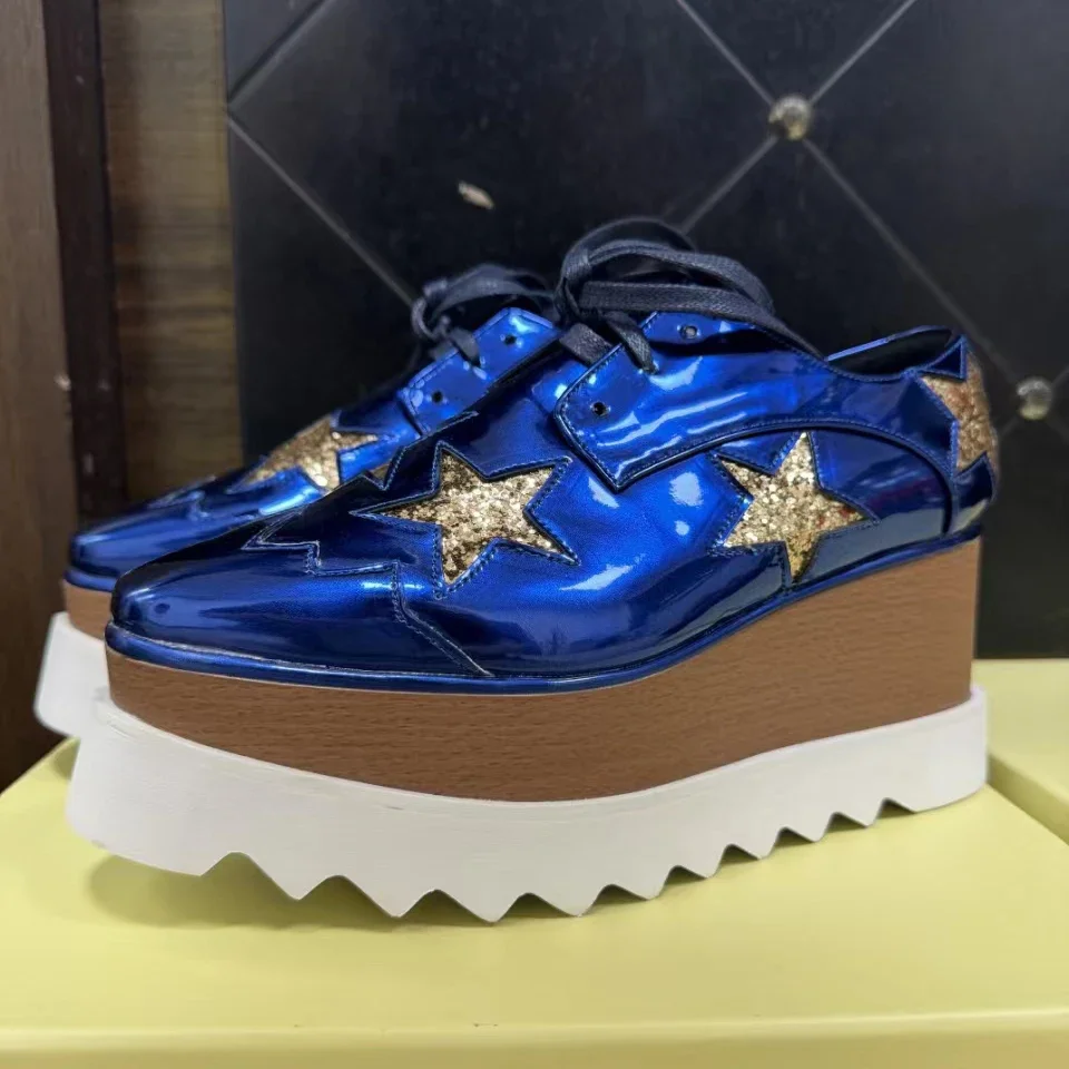 NEW Women Star Sneakers Leather Casual Platform Trainers Black Shoes Autumn Wedges Breathable Woman Height Increasing Shoes New