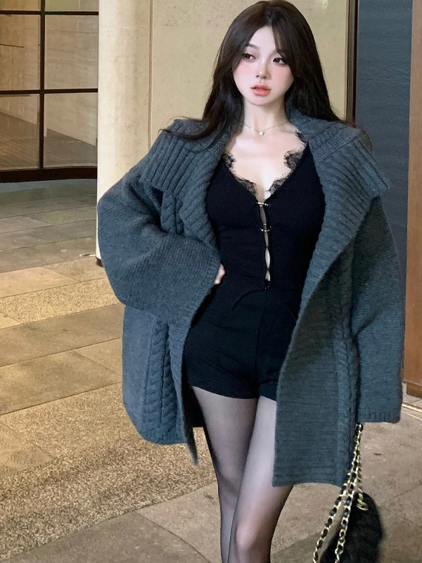 

Женский свободный вязаный свитер Thiened, пальто с большим воротником, осень-зима, новый корейский Sle, повседневная мода