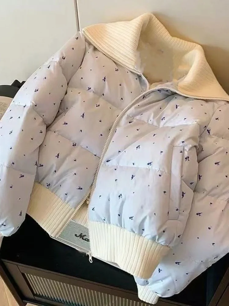 

Floral Sweet Winter Warm Parkas Women Long Sleeve Vintage Korean Puffy Coat Casual Patchwork Turn Down Collar New Cotton Jacket