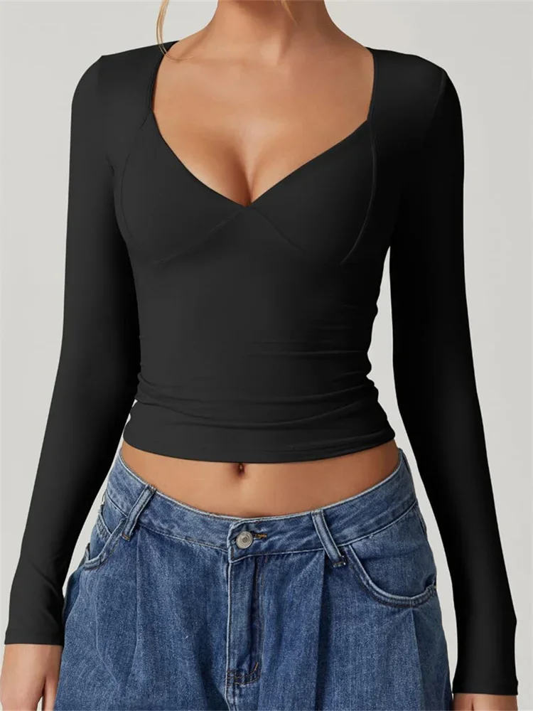 

Women's Solid Color T-Shirts Long Sleeves Slim Fit V Neck Casual Tops Spring Fall Shirts New