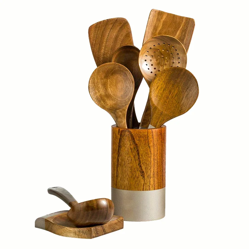 

9pcs Handmade Acacia Wooden Cooking Utensils Wooden Spoons for Kitchen with Utensils Holder and Rest Spatula Slotted Spoon