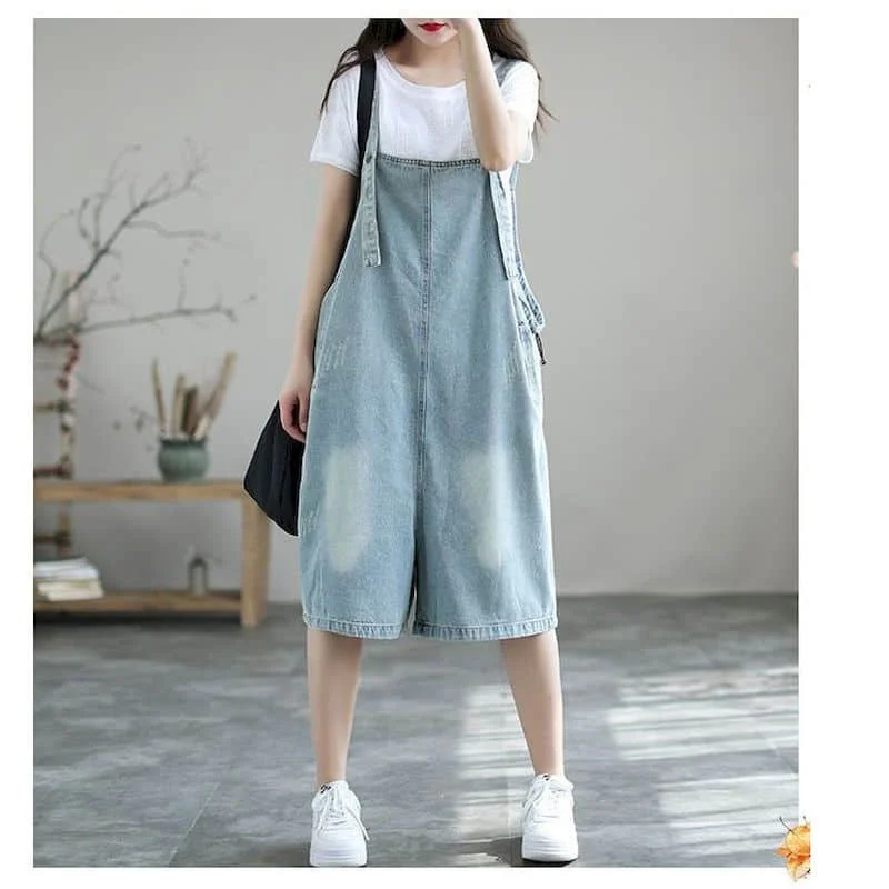 Imagem -04 - Denim Jumpsuits Mulheres Oversized Casual One Preço Outfit Mulheres Playsuits Macacão Vintage para Mulheres Sólida Azul Calças de Cinco Pontos