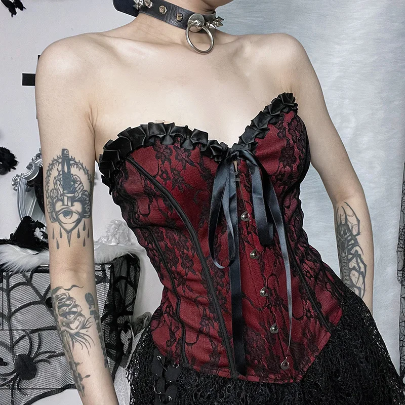 Women's Gothic Slim Lace Corset Waist Slim Strappy Tops Diablo Style Design Breasted Vest Women 