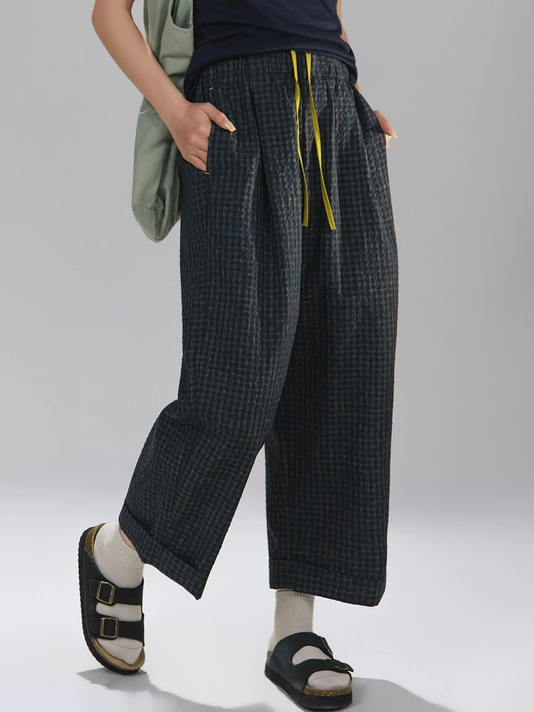 

Artisanal Series Loose Women's Bubble Cloth Plaid Casual Pants High Waist Straight Leg Summer Fashion Retro Style Nine Points