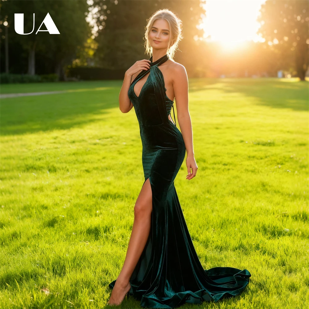 

Sexy Velvet Prom Dress Halter Neck Backless Long Evening Dresses Customized Women's Formal Gowns Many Colors Availiable