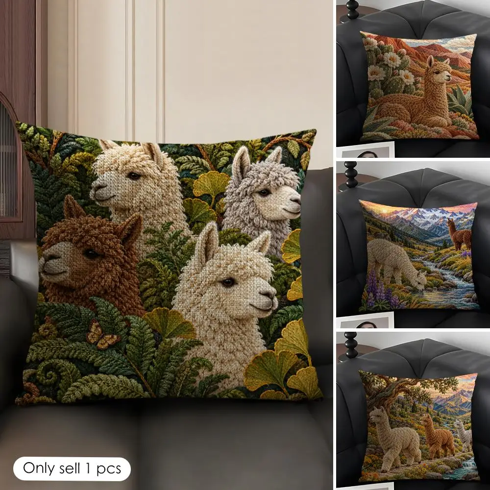 Cute Alpaca Cushion Cover Skin-Friendly Organic Linen Pillow Cover Durable Hypoallergenic Washable Soft
