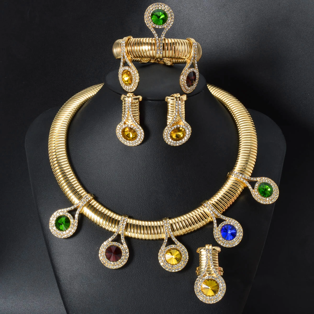 ZEADear 4 Pcs Jewelry Set Red Green Zircon Choker Necklace Bracelet Ring Earring For Women Gold Color Wedding Christmas Gifts