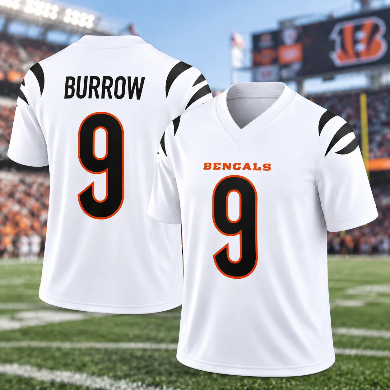 Herren # 9 Burrow American Football Weißes Spieltrikot Schnelltrocknendes Polyester Kurzarm-Shirt mit V-Ausschnitt Sport-Fan-Party Freizeitkleidung – Detail 2