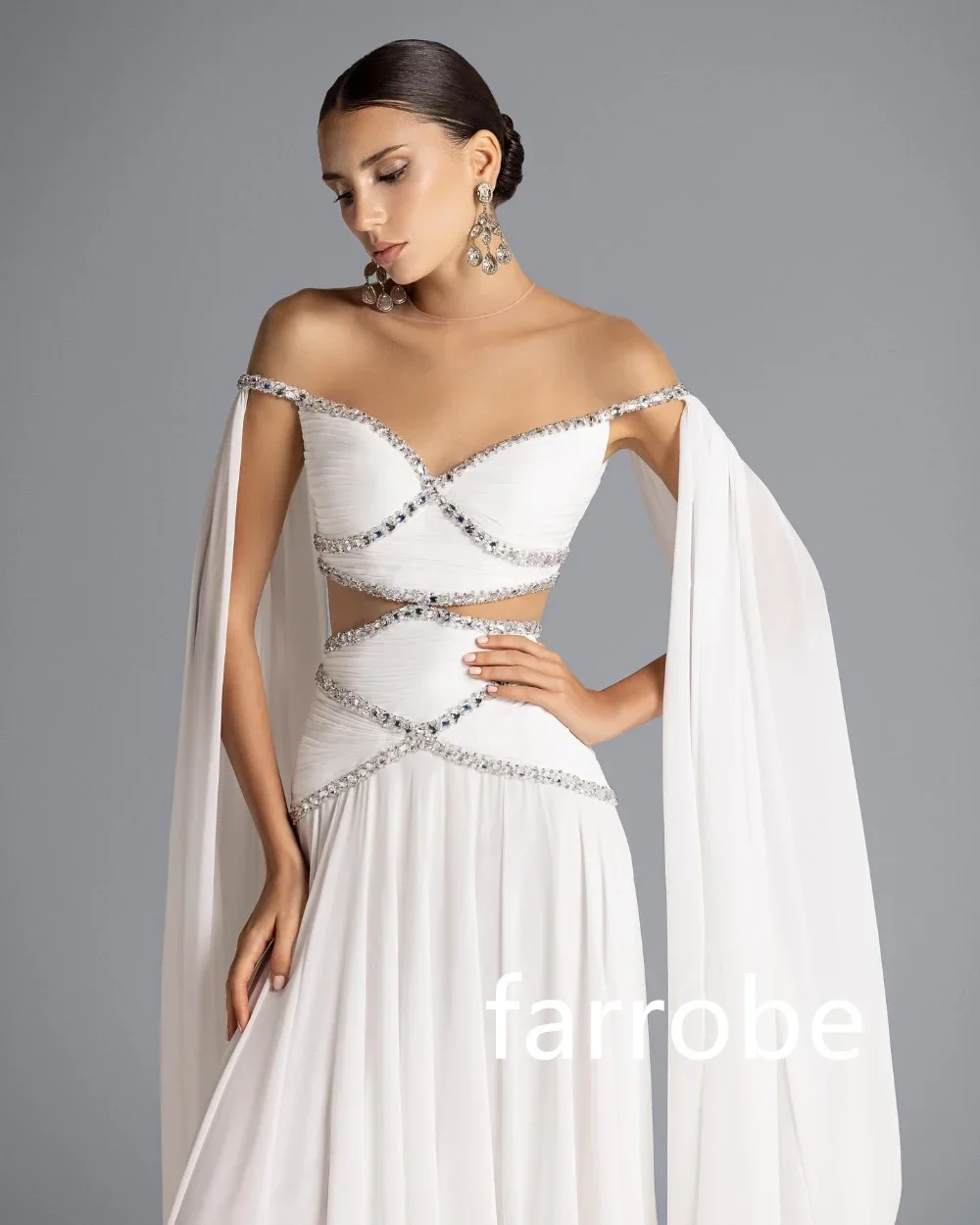 Abito da sera di lusso con mantella bianca personalizzata con spalle scoperte con strass, elegante abito da cerimonia nuziale فساتmavera
