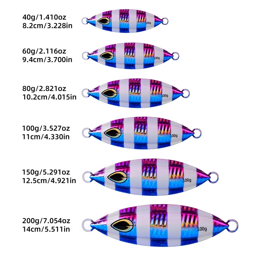 Metal Luminous Fast Sinking Jigging Bait - Perfect for Sea and Boat Fishing- Available in  40g,60g,80g,100g,150g and 200g Sizes