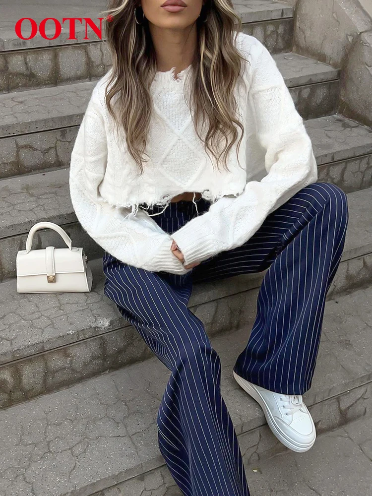 OOTN Navy Stripe Baggy Pants Women Casual High Waist Trousers Fashion 2024 Office Ladies Floor-Length Pant Pleated Spring Summer