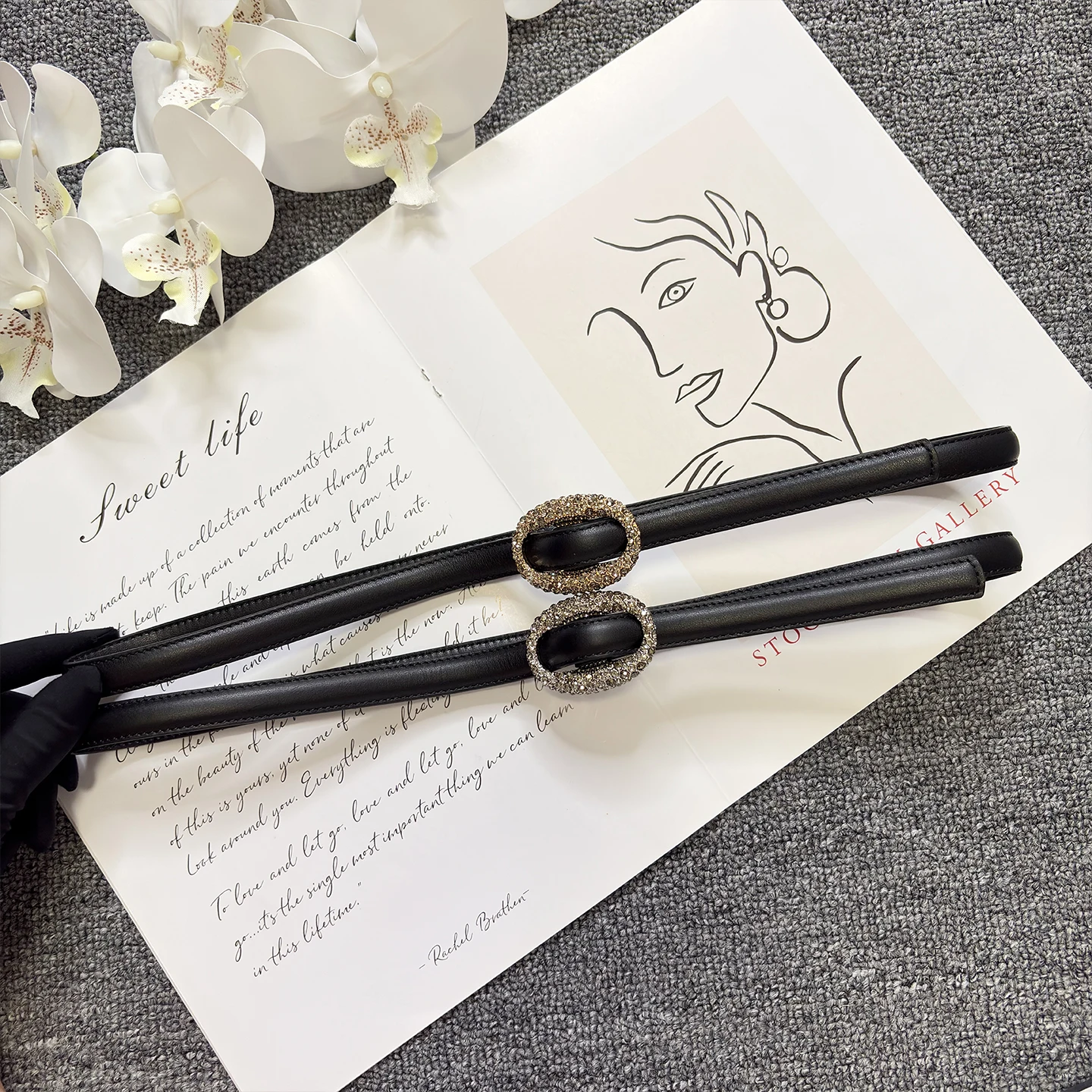 Rhinestone-decorated oval buckle calfskin fashionable and versatile genuine leather belt for women, thin first-layer cowhide thi